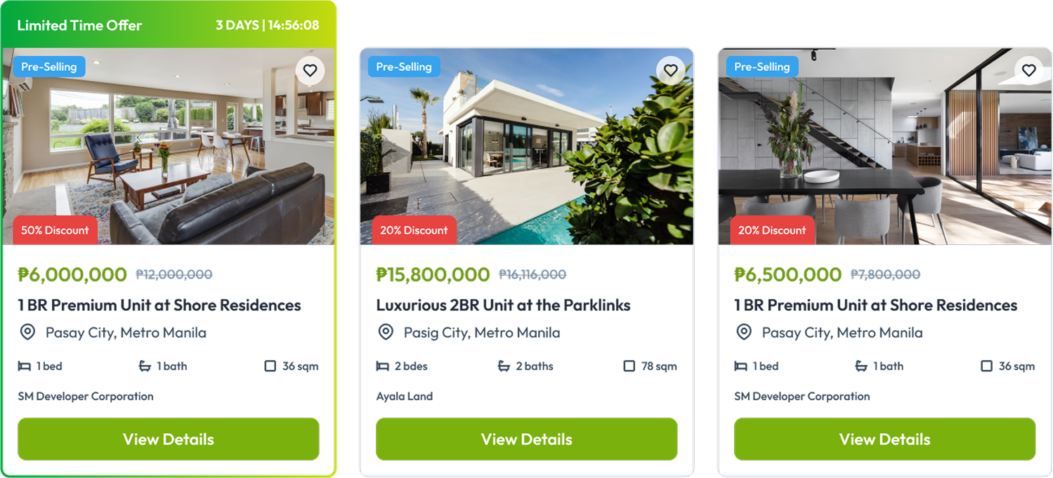 Property listings showing discounted pre-selling units in Metro Manila